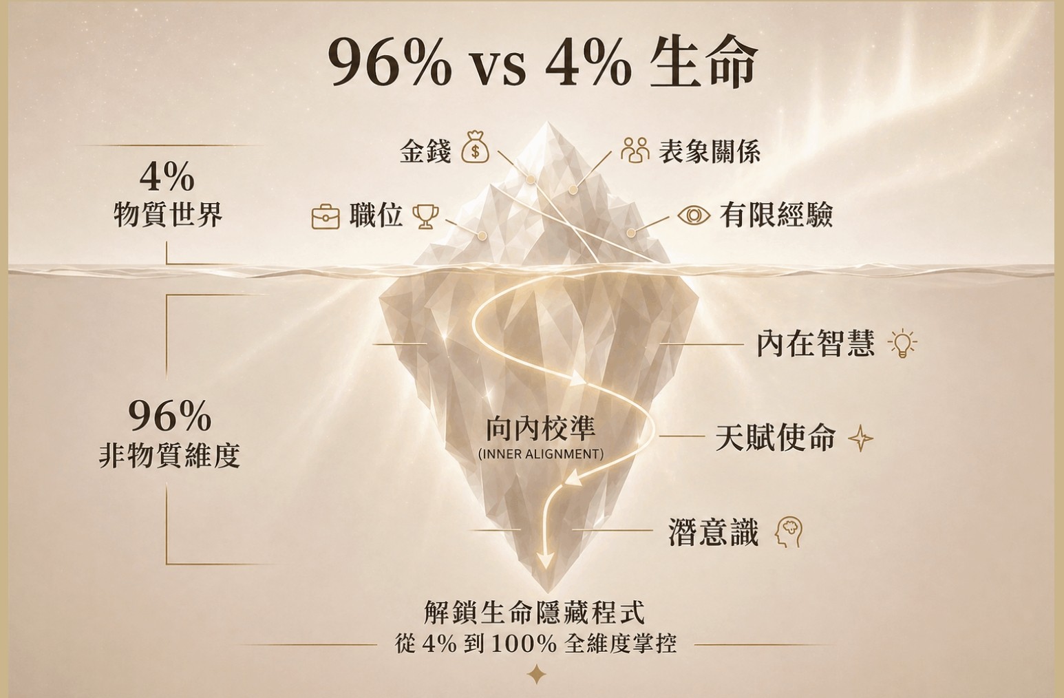 96% vs 4% 生命冰山圖：4%物質世界／96%非物質維度／向內校準